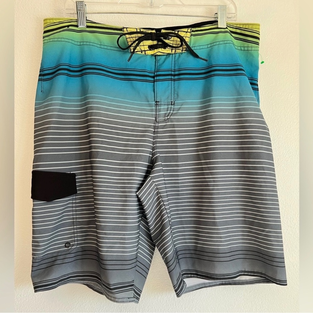 Hang Ten Mens Striped Board Shorts Blue Gray Green 1 Pocket Swim Trunks‎ Size 36